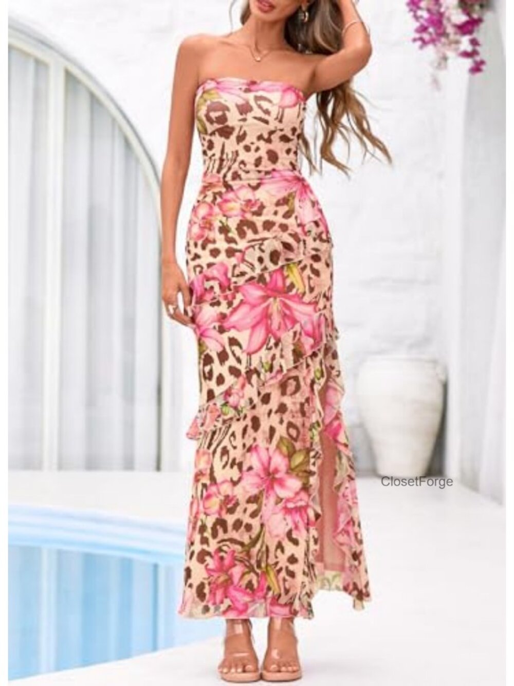 Off Shoulder Strapless Ruffle Hem Maxi Dress with High Slit - Picture 4 of 6
